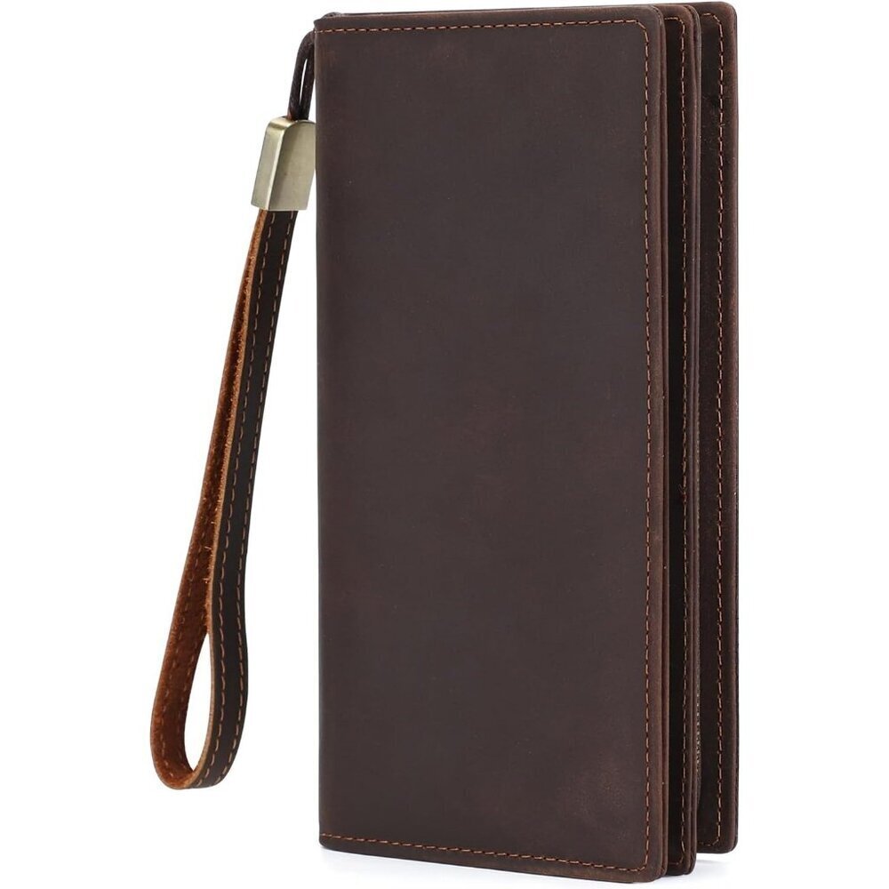 Men's Genuine Leather Brown Bifold Long Wallet Purse Card Multi Zipper Design